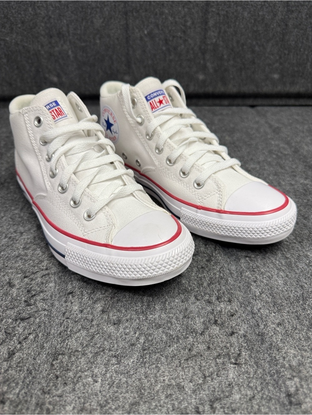 Converse White High Top Sneakers with Red and Blue Logo